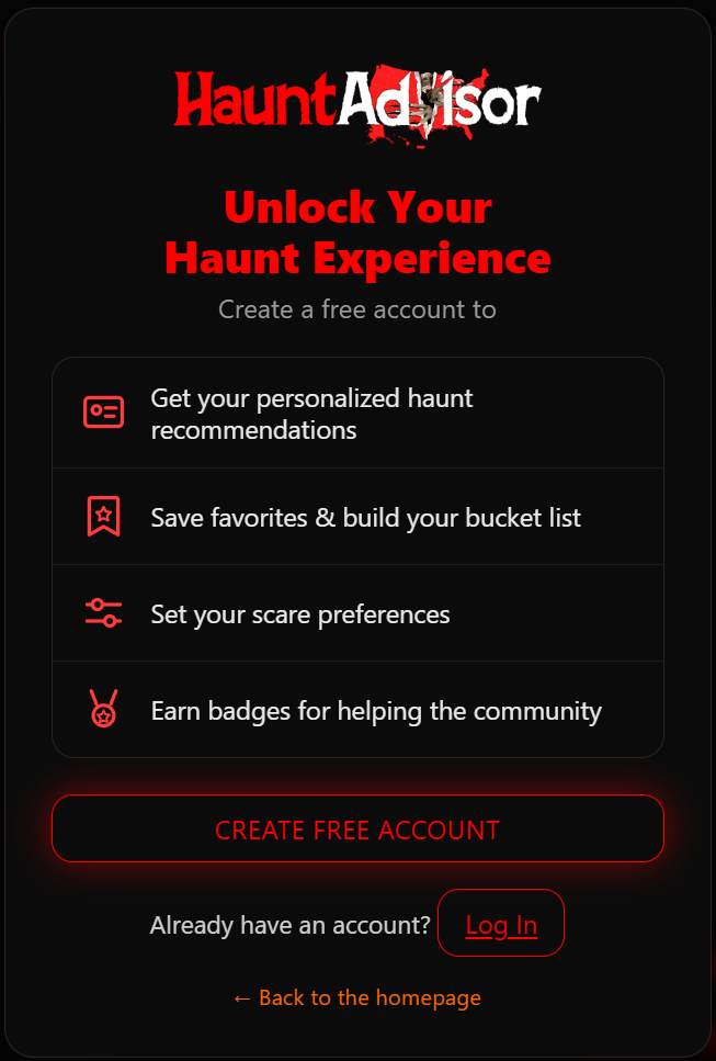 The Haunt Advisor free-account screen on The Scare Factor listing personalized recommendations, bucket list, scare preferences, and badges