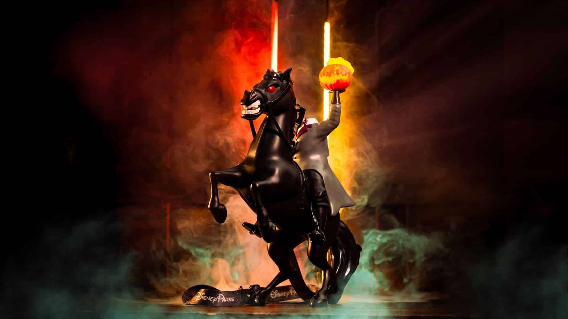 The Headless Horseman popcorn bucket at Disneyland Resort, a black rearing horse and rider holding a jack-o-lantern