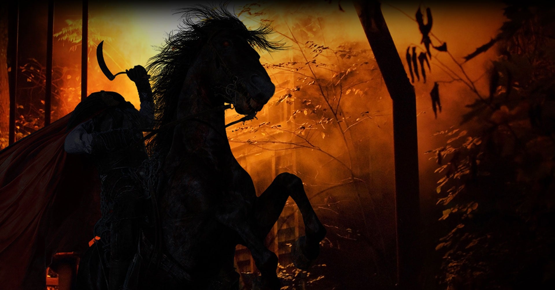A dark silhouette of the Headless Horseman on a rearing horse against an orange glow