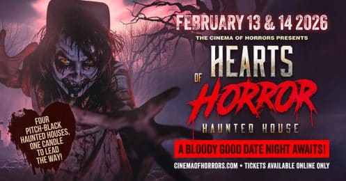 Cinema of Horrors Hearts of Horror 2026 blackout Valentine event with candlelit haunted houses in Kelso, Washington