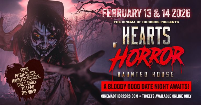 Cinema of Horrors Hearts of Horror 2026 blackout Valentine event with candlelit haunted houses in Kelso, Washington
