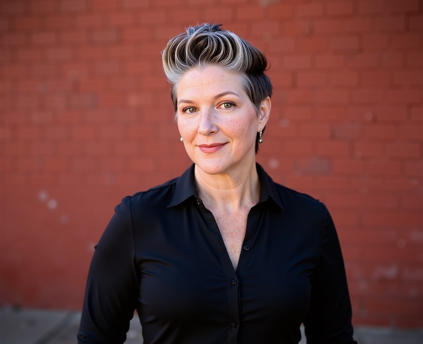 Heather Doggett in a black shirt in front of a red brick wall