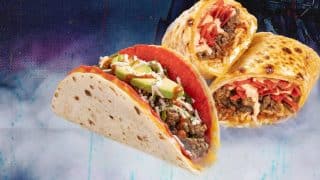 Fuzzy's Taco Shop Draco Taco II and the new Draco'rrito against a haunted-house backdrop