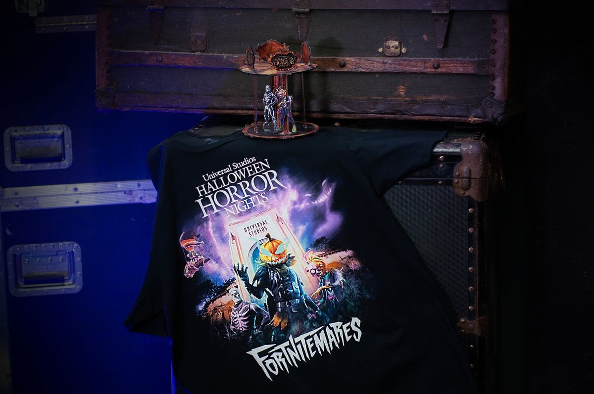 HHN 2026 Fortnitemares merchandise including graphic tee, decal set, and acrylic collectible