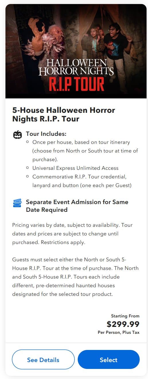 HHN 35 5-House R.I.P. Tour tile from the Universal Orlando app, starting at $299.99