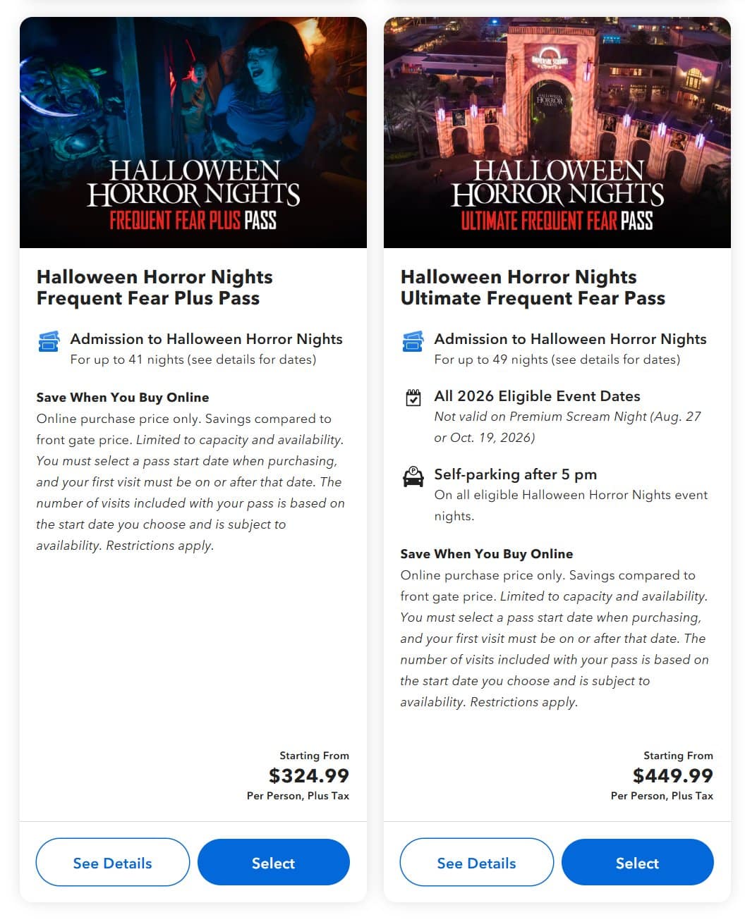HHN 35 Frequent Fear Plus Pass and Ultimate Frequent Fear Pass tiles in the Universal Orlando app