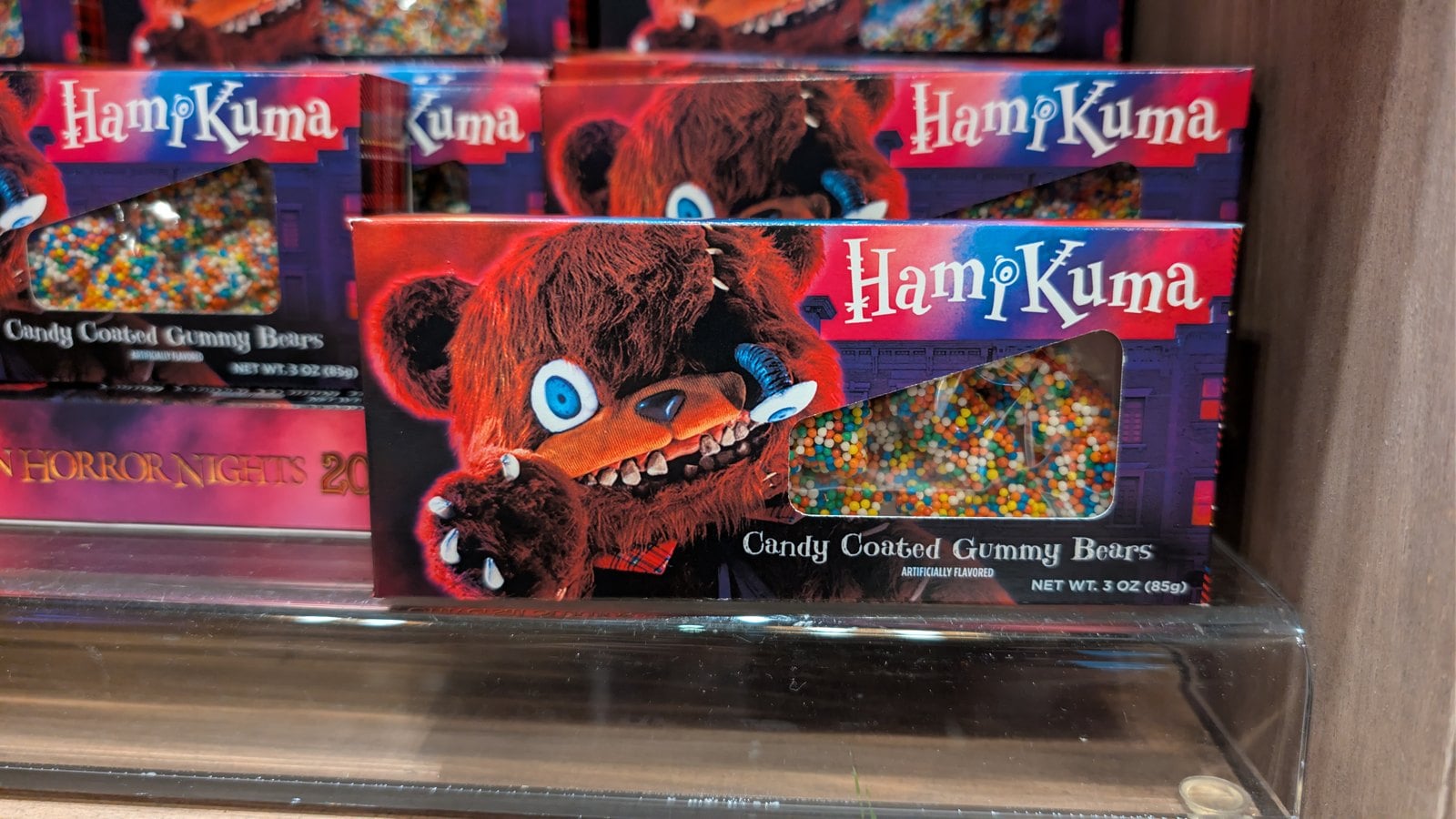 Boxes of HamiKuma candy coated gummy bears at Universal Studios Florida