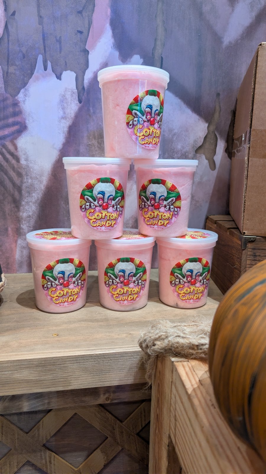 Killer Klowns cotton candy tubs stacked in a pyramid at Universal Studios Florida