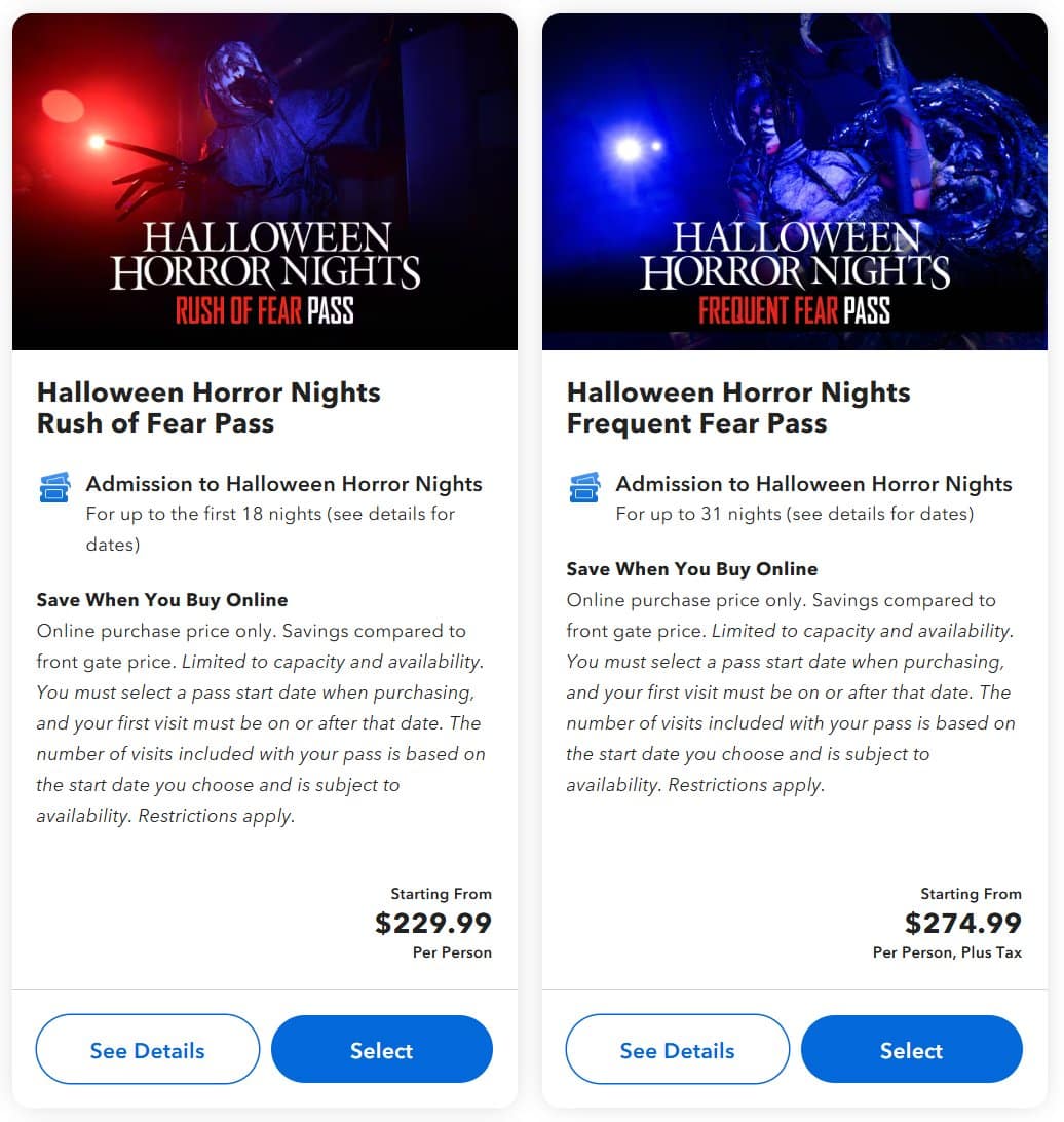 HHN 35 Rush of Fear Pass and Frequent Fear Pass tiles in the Universal Orlando app