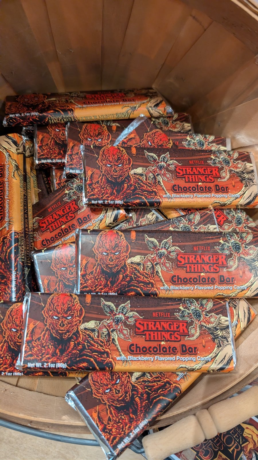 Stranger Things chocolate bars with blackberry flavored popping candy, labeled Universal Studios Halloween Horror Nights 2026