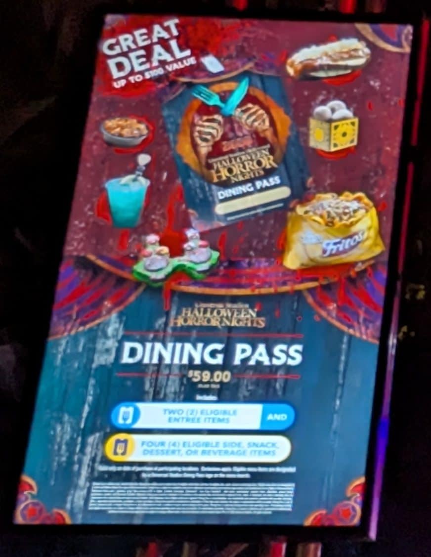 Halloween Horror Nights Hollywood Dining Pass sign listing the pass at 59 dollars