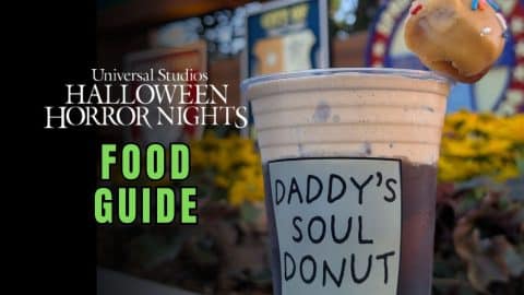 Halloween Horror Nights Hollywood 2026 food guide featuring a Pumpkin Spice Cold Boo cold brew in Springfield