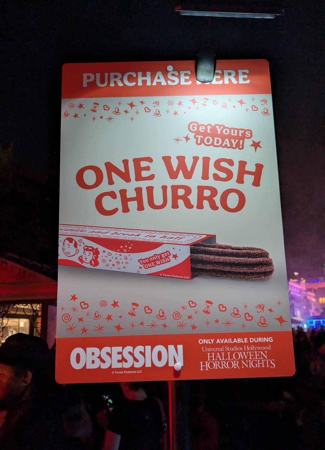 One Wish Churro sign for Obsession at Halloween Horror Nights Hollywood
