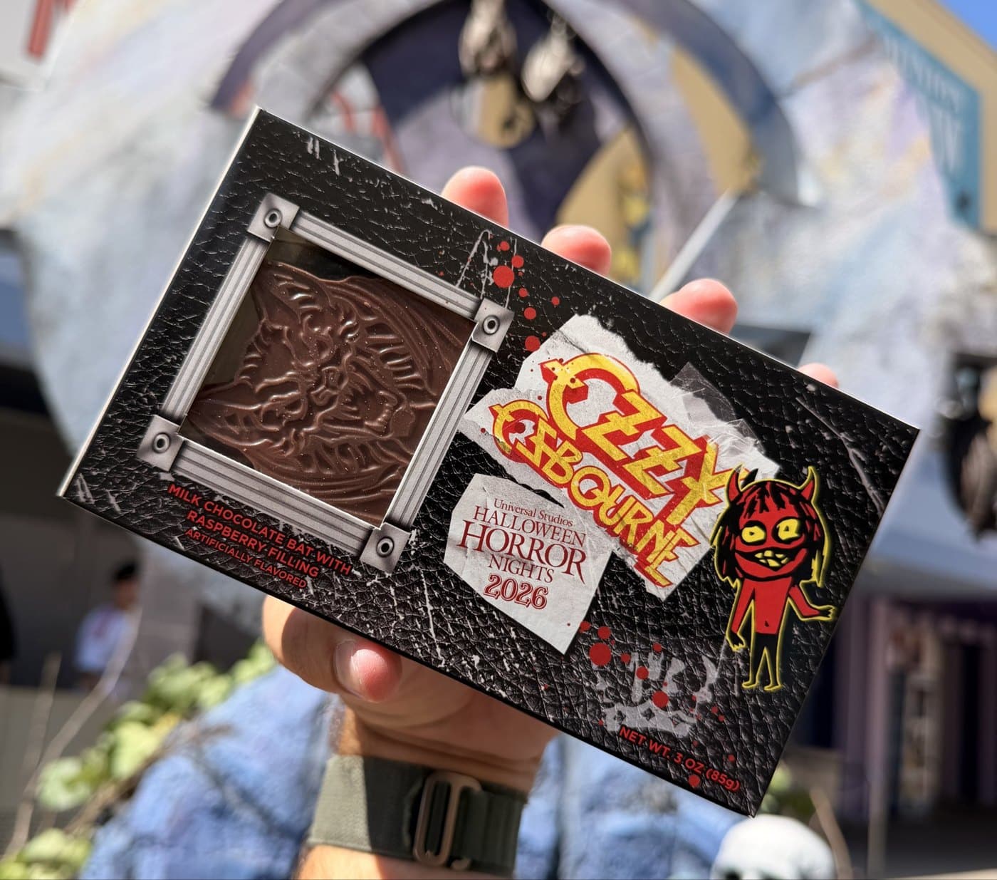 Ozzy Osbourne chocolate bat dessert at Halloween Horror Nights 2026, a milk chocolate bat with raspberry filling