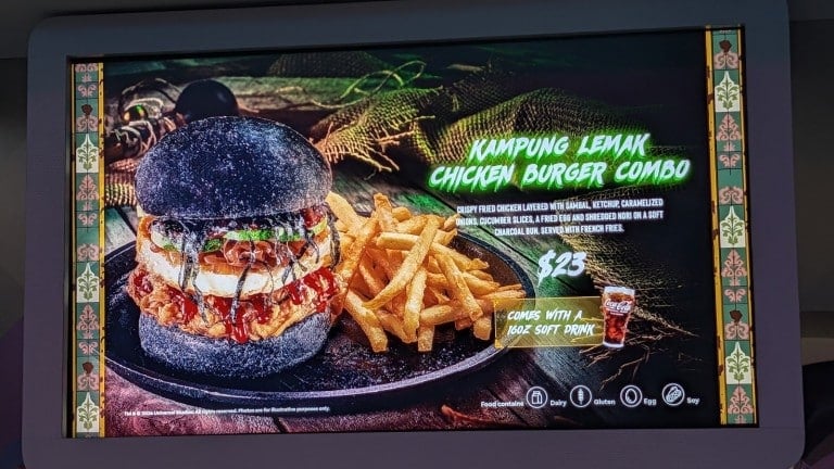 A lit menu screen picturing a chicken burger on a black bun with fries and a printed name and price