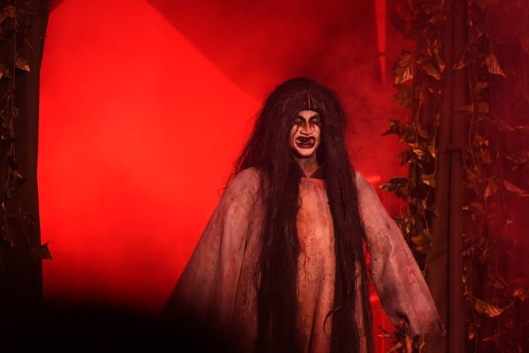 A dancer with long black hair and a pale robe leans forward against a red backdrop