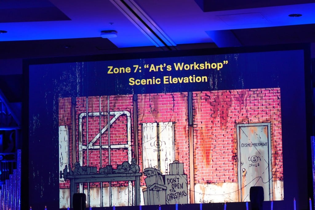 Concept elevation of Art's Workshop, the final zone of the HHN Hollywood 2026 Terror Tram