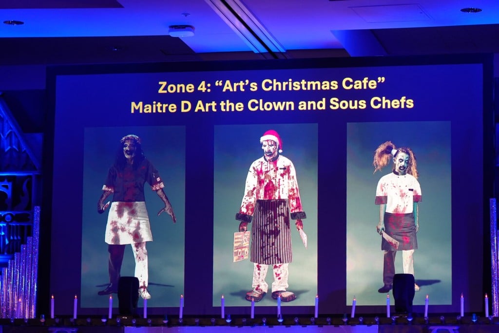 Concept art of Maitre D Art the Clown and sous chefs in Art's Christmas Cafe