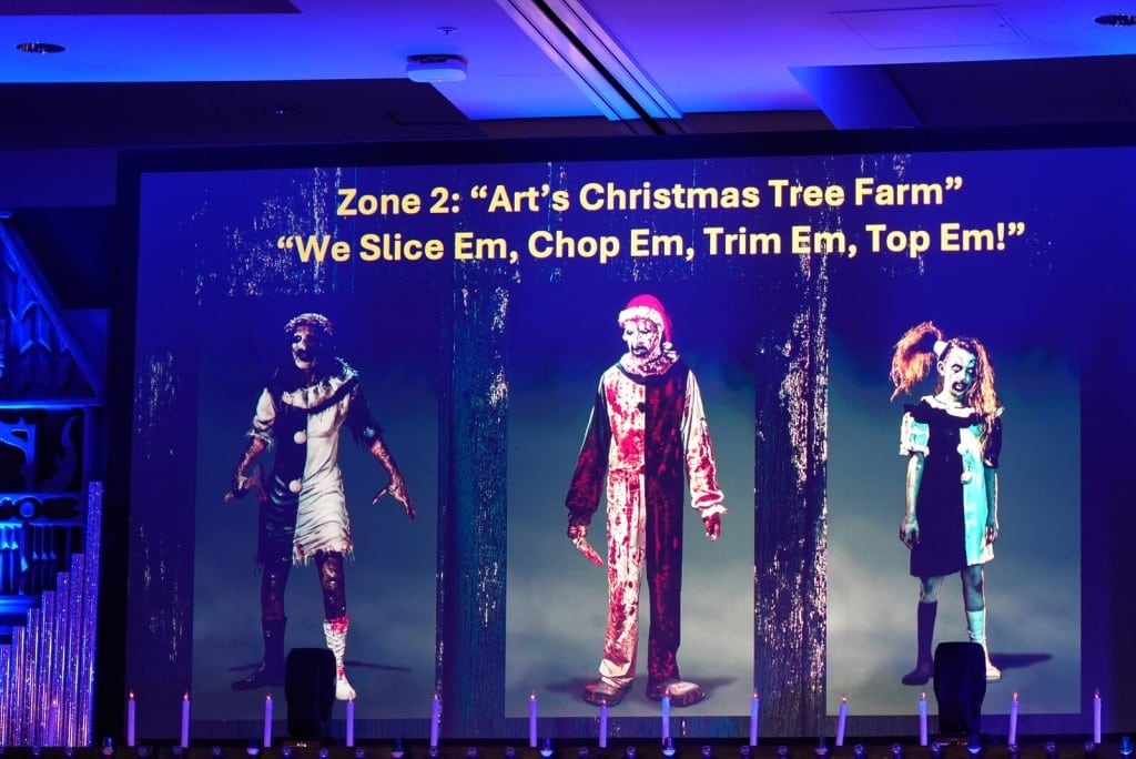 Concept art for Art's Christmas Tree Farm in the HHN Hollywood 2026 Terror Tram