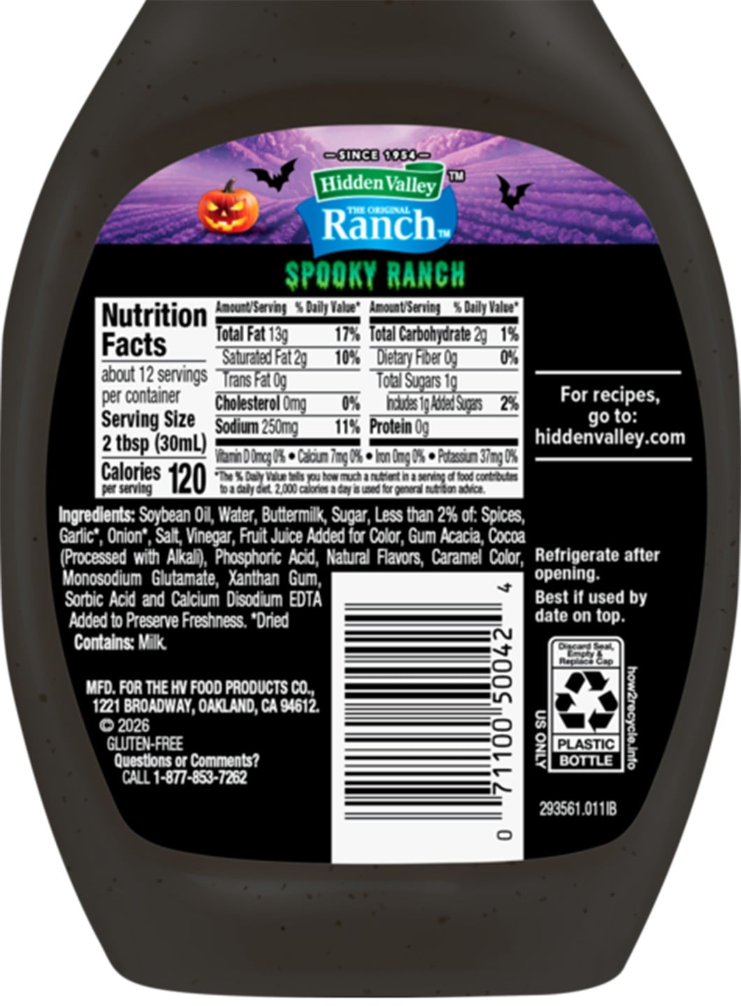The back label of Hidden Valley Spooky Ranch, with the nutrition facts and ingredient list
