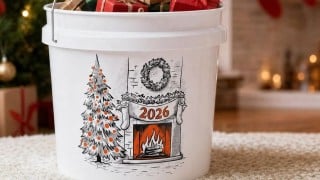 A white bucket printed with a line-art Christmas tree and fireplace, filled with wrapped gifts, in front of a decorated tree and hanging stockings