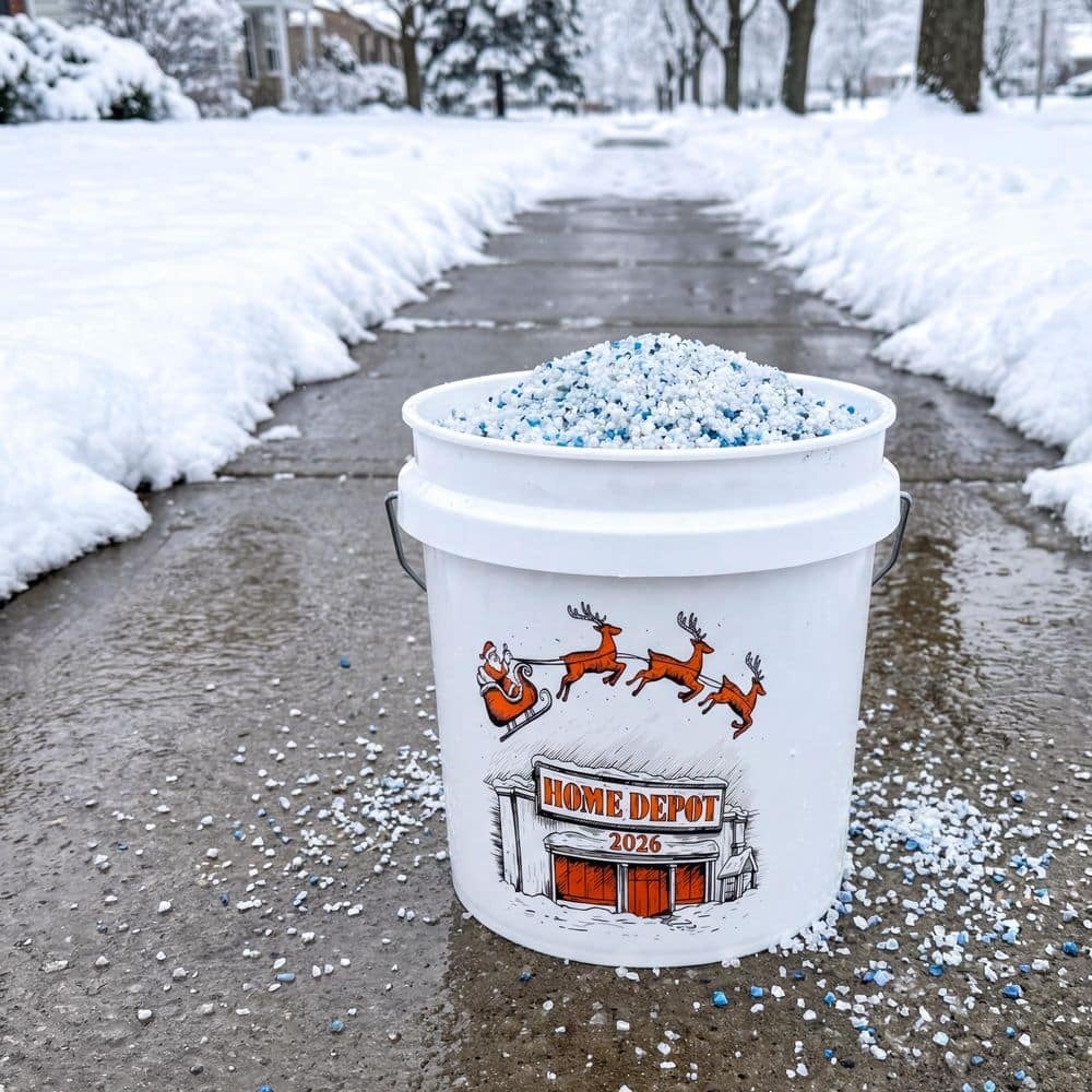 The white holiday bucket filled with blue and white ice melt on a wet driveway between snowbanks