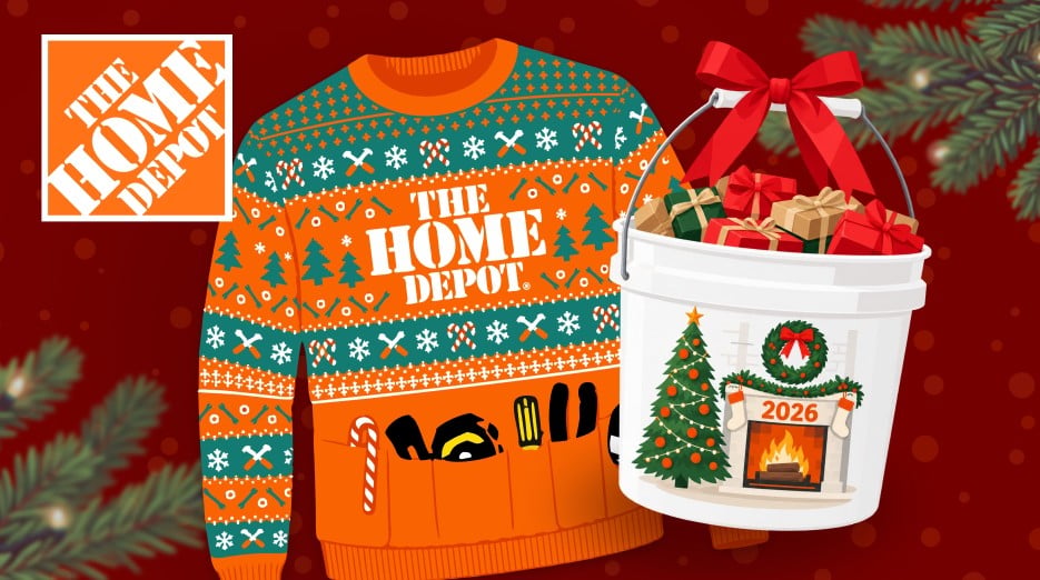 An illustration of an orange and green holiday sweater with tools in its front pockets beside a white bucket full of wrapped gifts