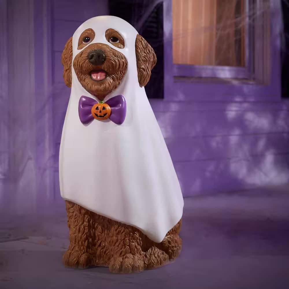 Home Depot 2.5-foot LED Golden Retriever Ghost decoration glowing white.