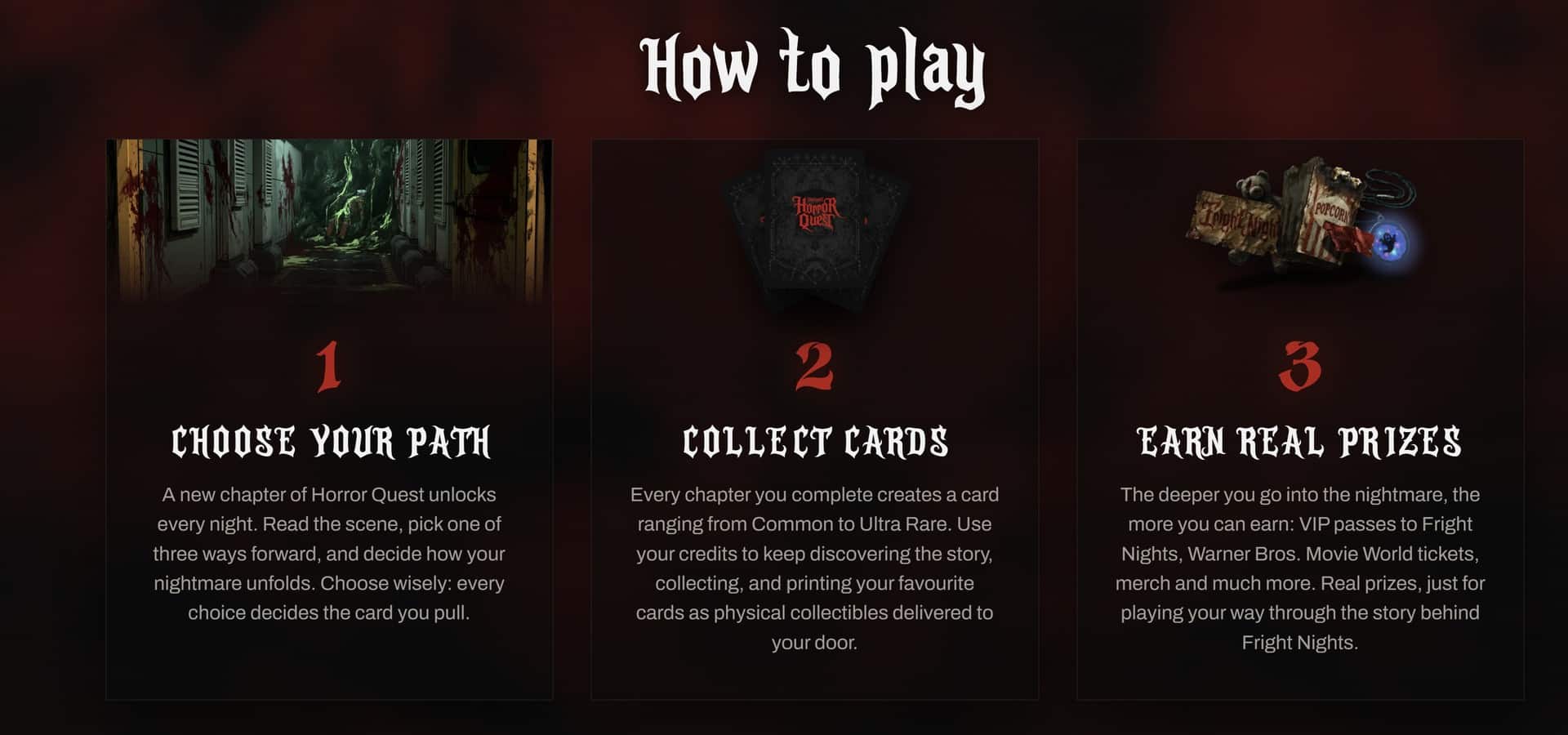 A game screen headed How to play with three numbered panels: Choose Your Path, Collect Cards and Earn Real Prizes