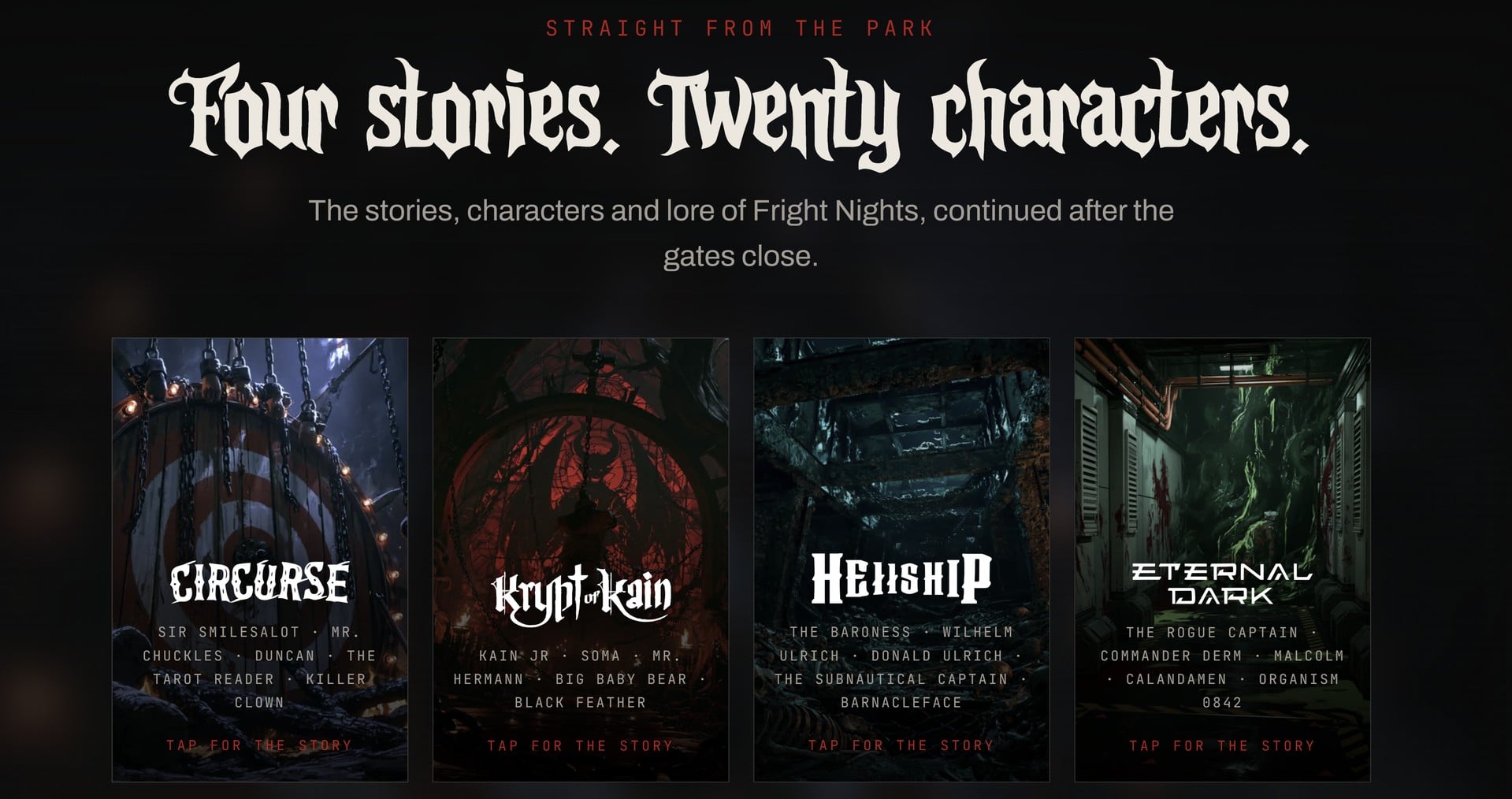 A dark game screen headed Four stories. Twenty characters., with four illustrated panels labeled Circurse, Krypt of Kain, Hellship and Eternal Dark and a list of character names under each