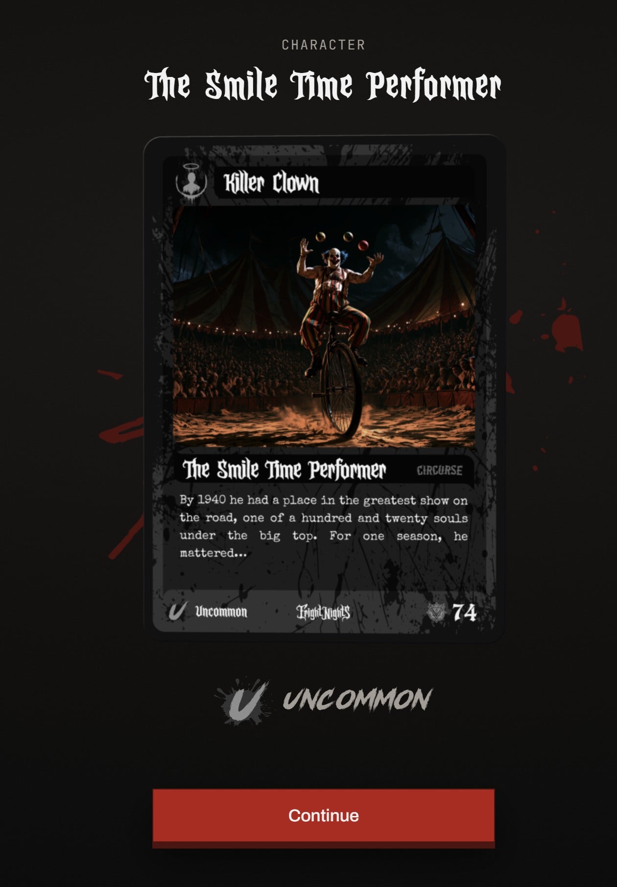 A collectible card showing a clown juggling on a unicycle in a circus ring, labeled Killer Clown, The Smile Time Performer, Circurse and Uncommon