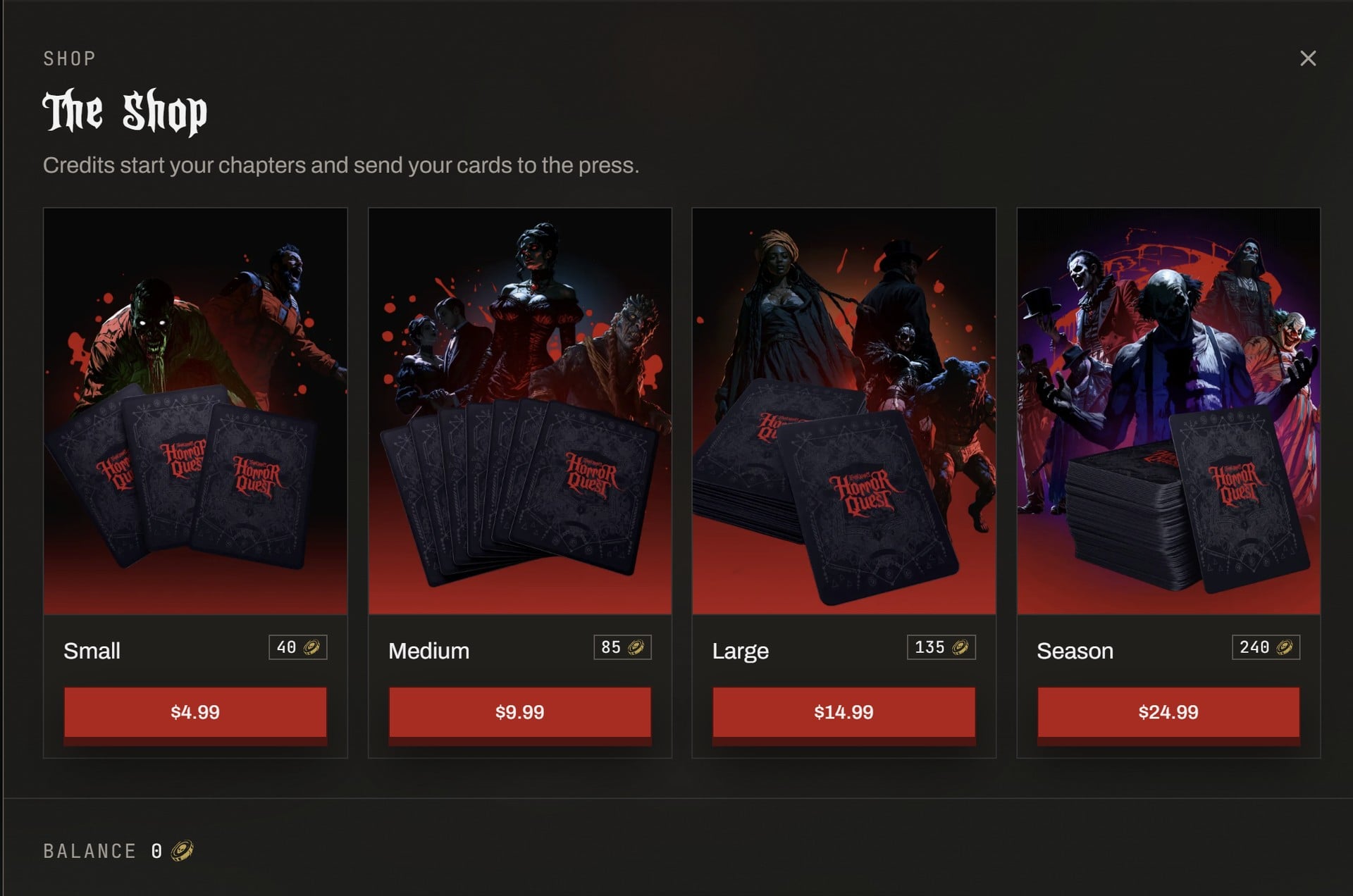 A game shop screen with four packs of credits: Small, 40 credits for $4.99, Medium, 85 for $9.99, Large, 135 for $14.99, and Season, 240 for $24.99