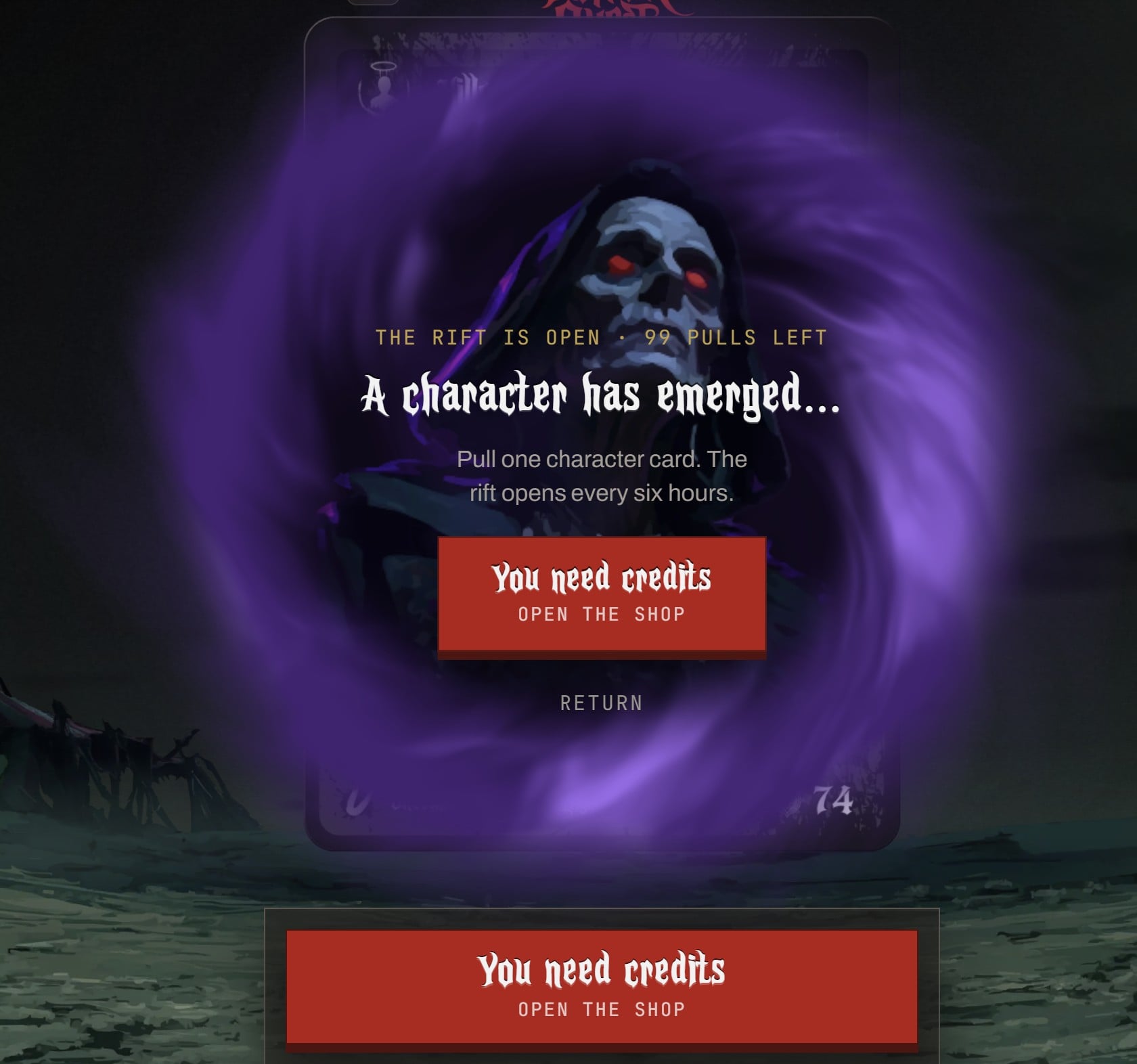 A purple swirling portal around a hooded skull, with the words The rift is open, 99 pulls left, A character has emerged
