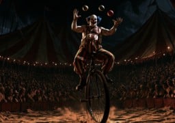 An illustration of a clown juggling three balls on a unicycle in a circus ring at night, with a crowd and striped tents behind him