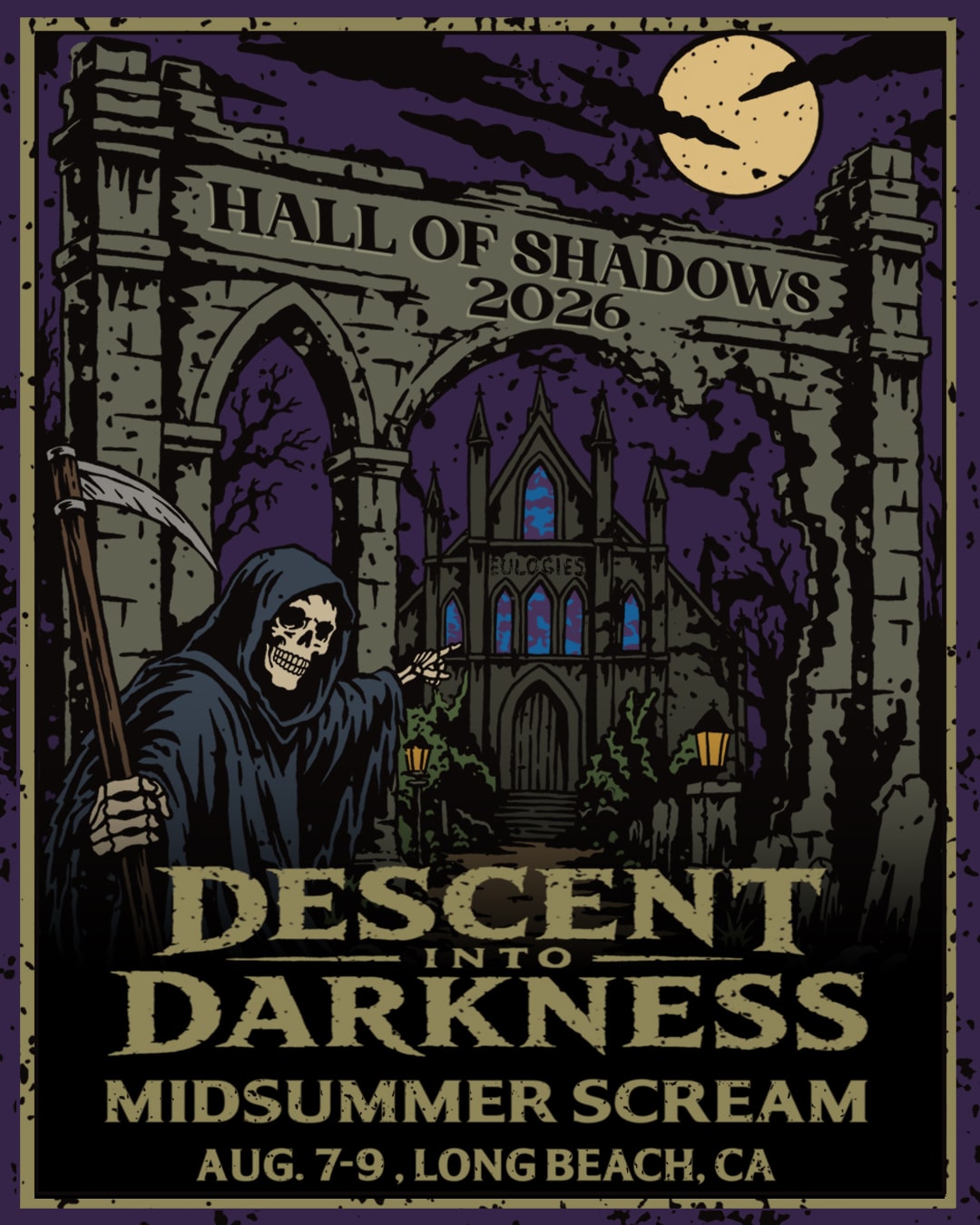 Hall of Shadows 2026 Descent Into Darkness press artwork with grim reaper and gothic cathedral