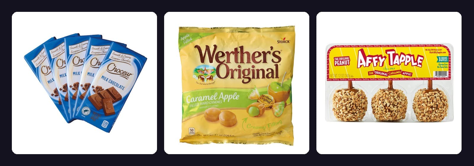 Aldi Halloween candy: Choceur mini chocolate bars, Werther's caramel apple candies, and Affy Tapple caramel apples