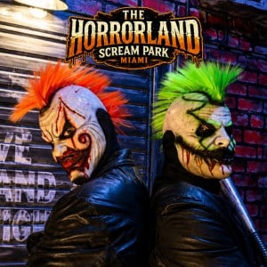 Two punk-clown scare actors at The Horrorland Scream Park in Miami