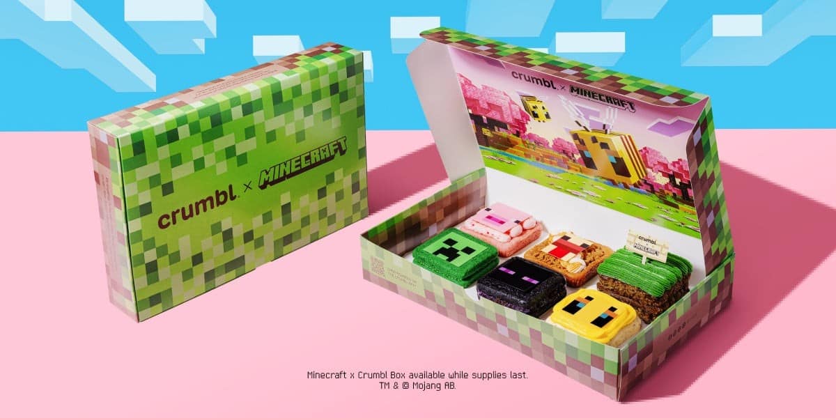 The Crumbl x Minecraft six-pack box with the collaboration cookies