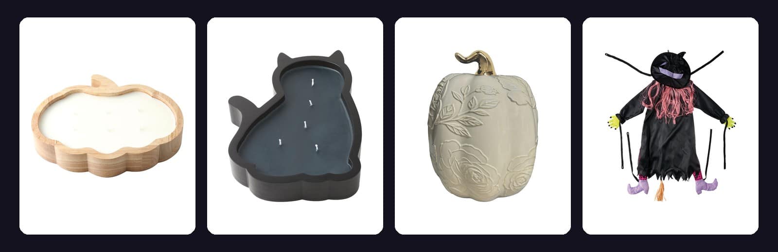 Aldi Halloween decor: Kirkton House carved wood candles, an embossed ceramic pumpkin, and a crashing witch