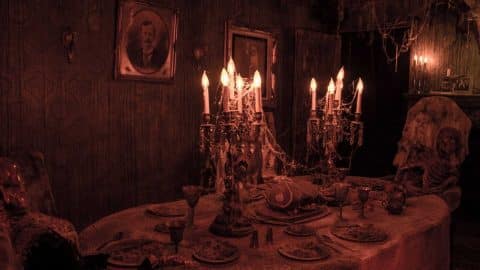 A cobwebbed Victorian dining room set with a seated skeleton at Reign of Terror Haunted House