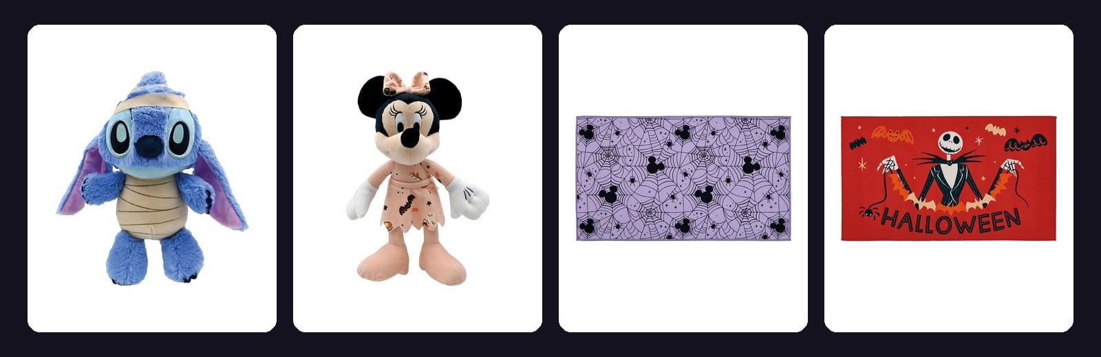 Aldi's Disney and character Halloween plush and mats, including Stitch, Minnie, and a Nightmare Before Christmas design