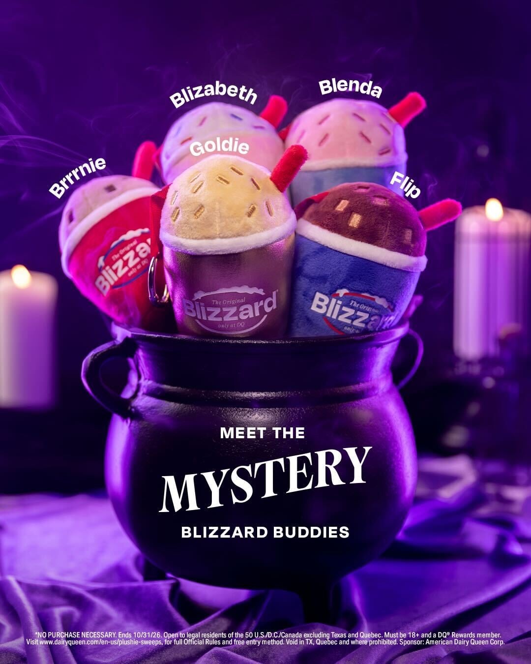 The five DQ Mystery Blizzard Buddies plush keychains, Blizabeth, Blenda, Brrrnie, Flip, and the golden Goldie, in a cauldron