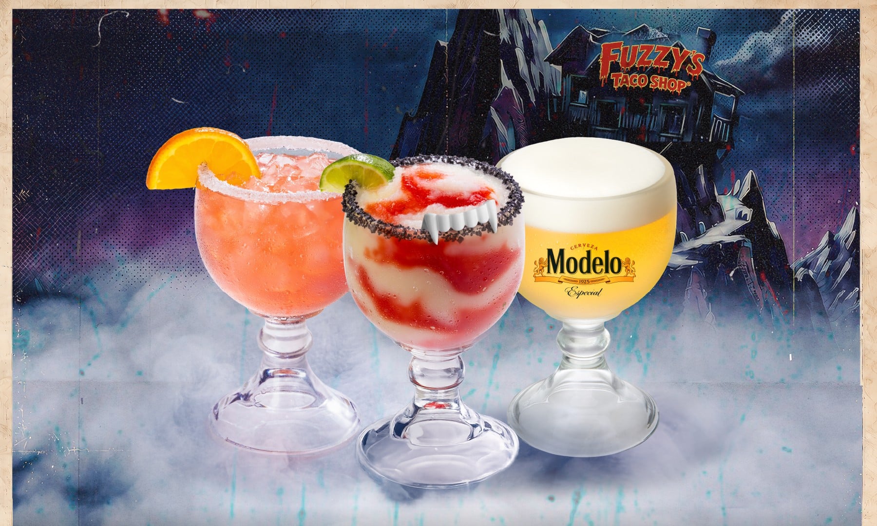 Fuzzy's Halloween drinks: the Midnight Matador, Drac 'A Rita, and Modelo Draft