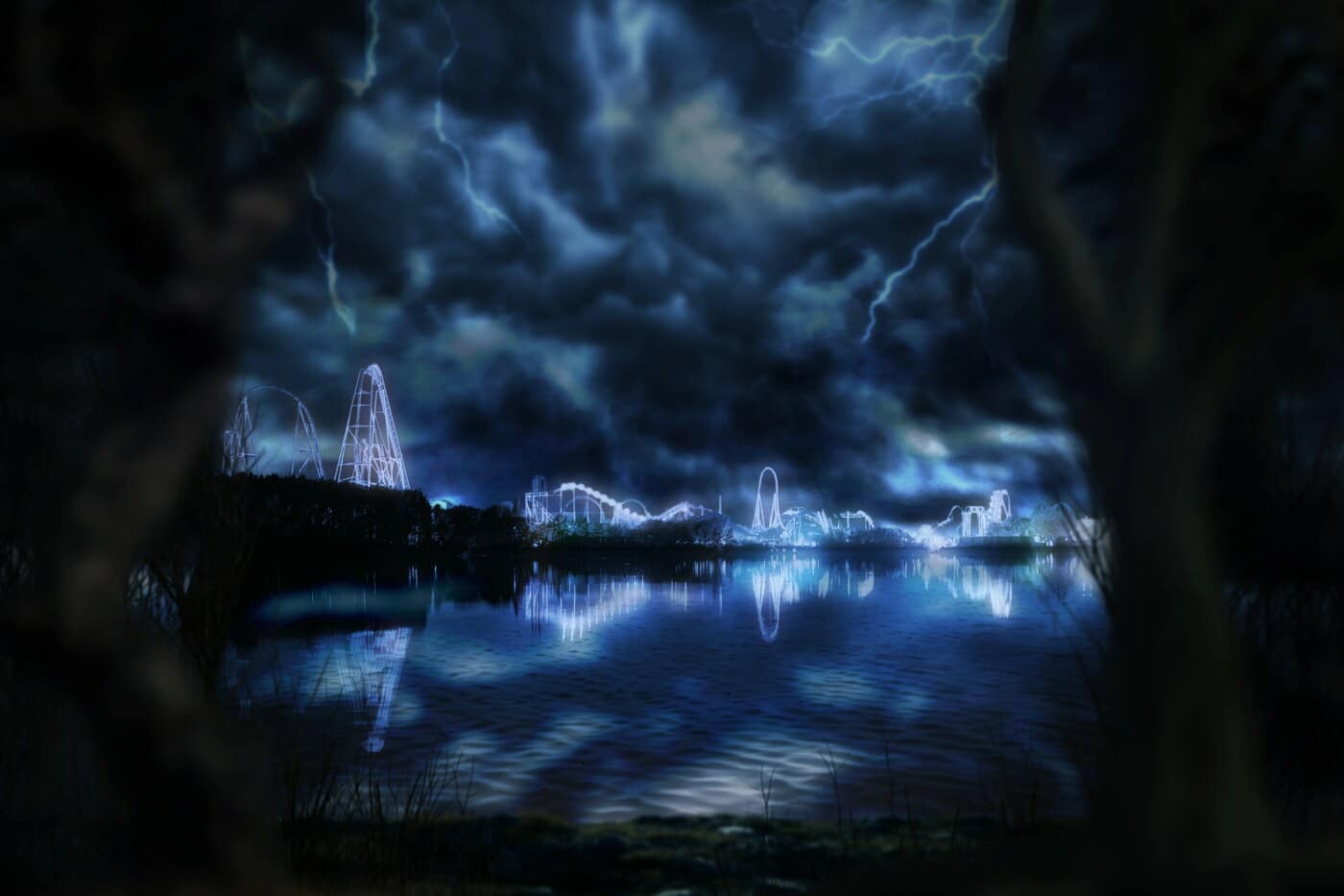 The Thorpe Park Fright Nights island under a lightning storm