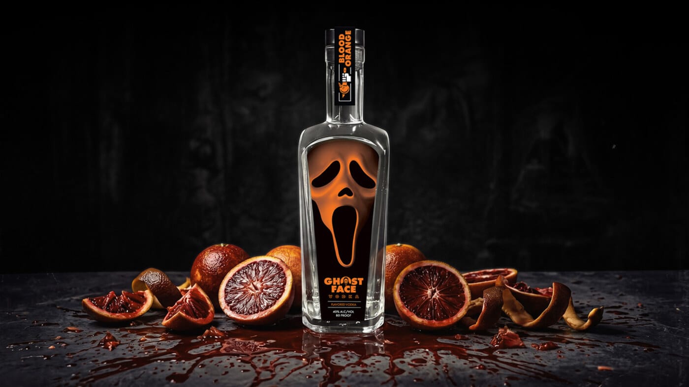 Ghost Face Vodka Blood Orange bottle with blood oranges