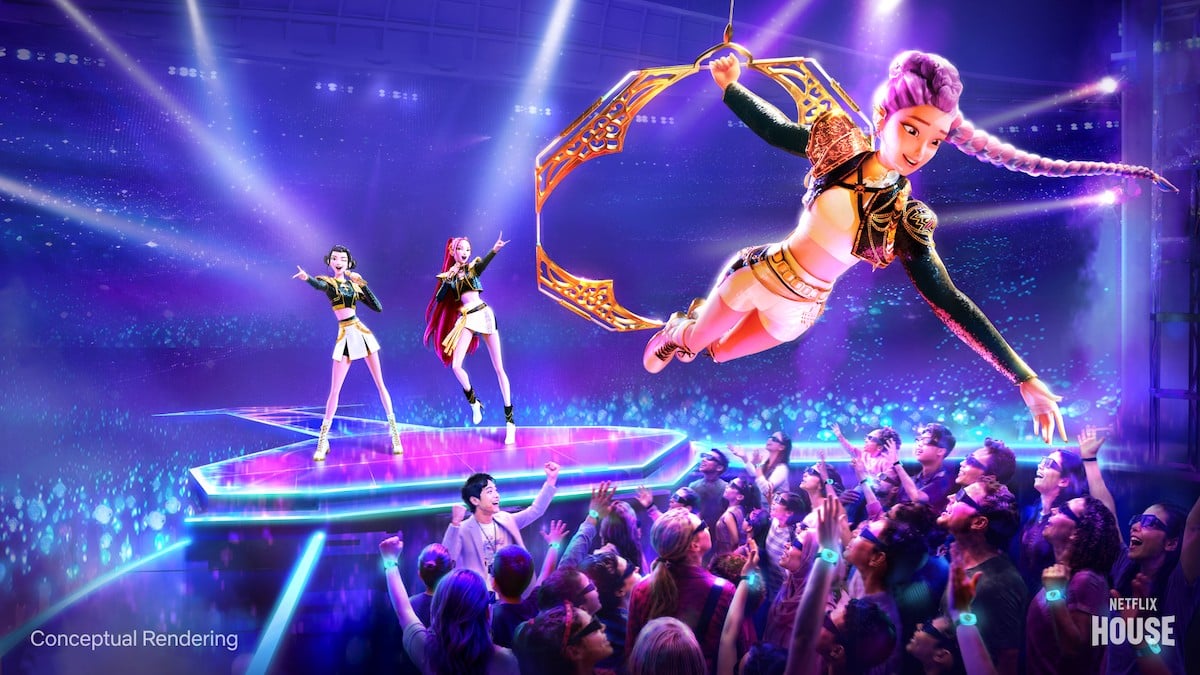 Conceptual rendering of HUNTR/X performing on a neon stage with an aerial performer above the crowd
