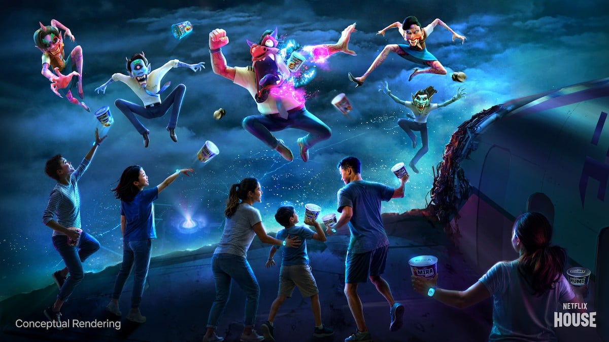 Conceptual rendering of guests holding glowing cups as animated demons fly overhead