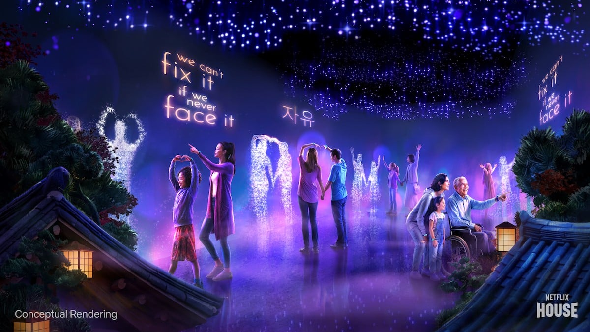 Conceptual rendering of guests among glowing figures and song lyrics under a starry ceiling