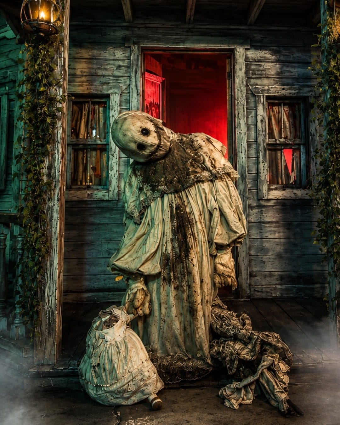 A scare actor in a burlap mask and tattered dress on a haunted-house porch at The Horrorland Miami