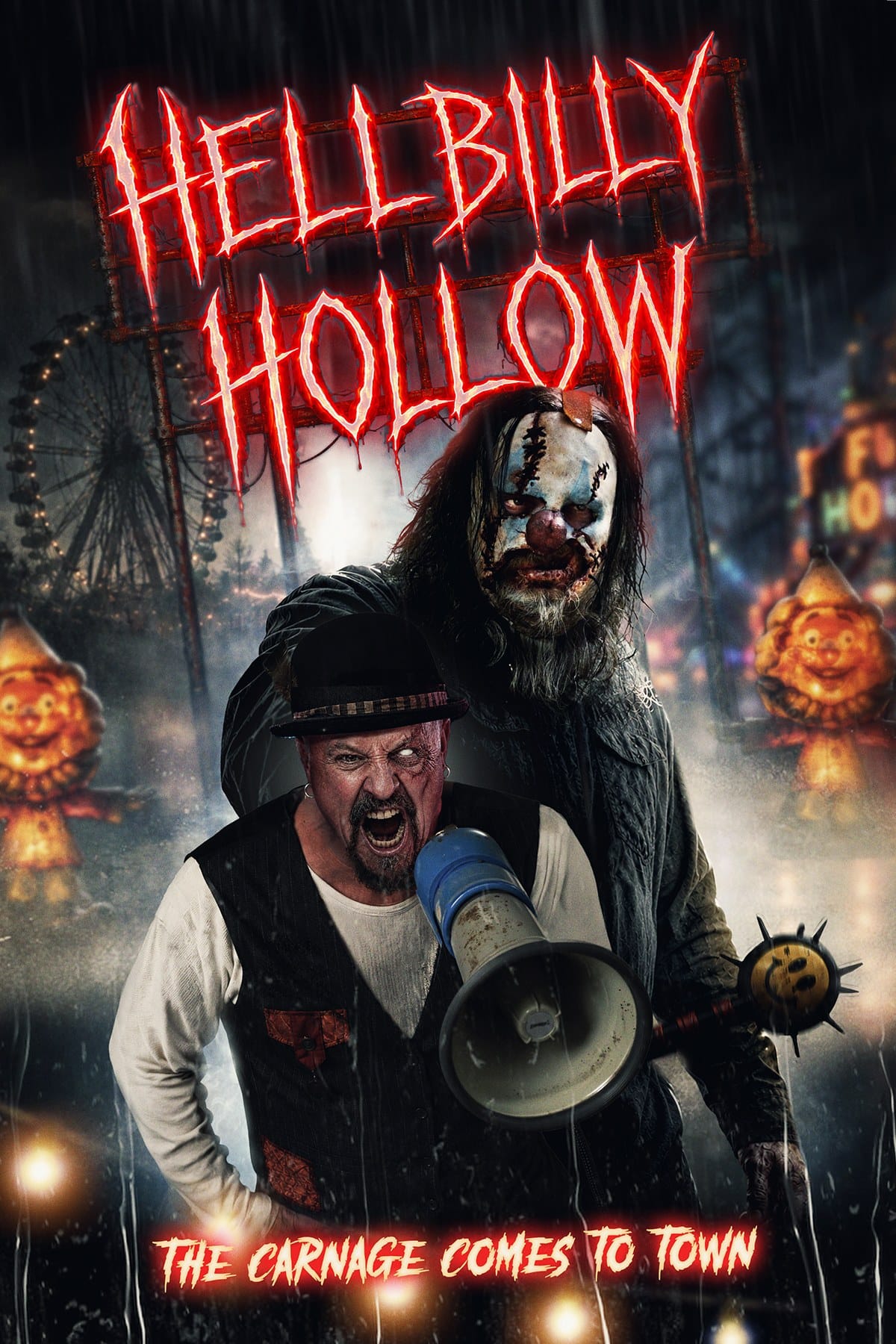 The Hellbilly Hollow movie poster, with Bull holding a megaphone in front of Tickles the clown under a neon Hellbilly Hollow sign
